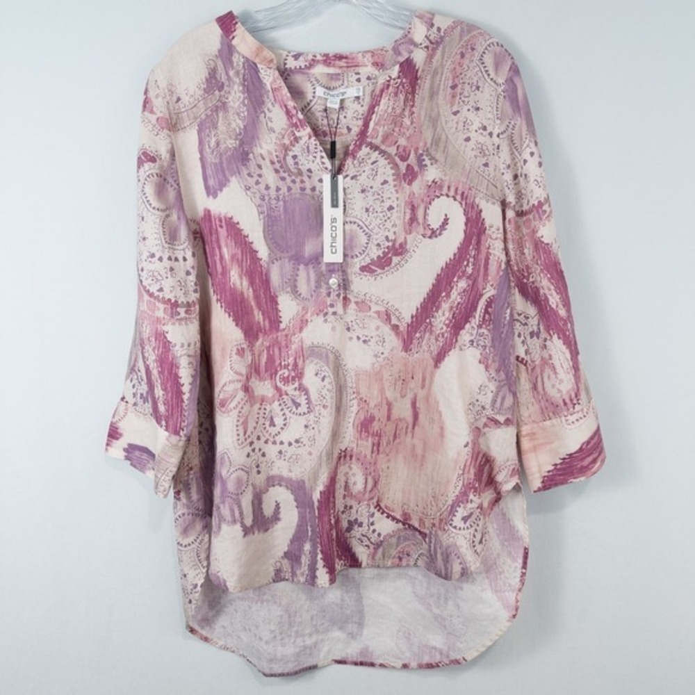 Chicos No Iron Linen Multi Paisley 3/4 Sleeve Tunic Womens 0.5 US 6 Boho Coastal